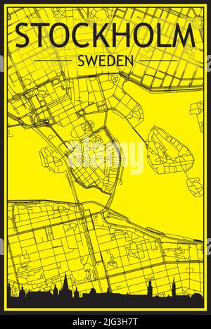 Goldenes Stadtplakat mit Panoramasilhouette und handgezeichneten Straßen auf gelb-schwarzem Hintergrund der Innenstadt VON STOCKHOLM, SCHWEDEN Stock Vektor