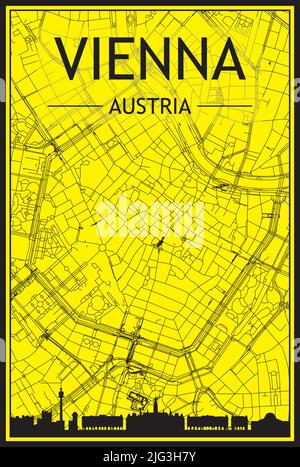 Goldenes Stadtplakat mit Panorama-Skyline und handgezeichneten Straßen auf gelb-schwarzem Hintergrund der Wiener Innenstadt, ÖSTERREICH Stock Vektor