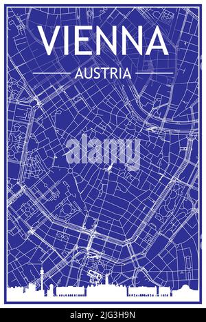 Technische Zeichnung Ausdruck Stadtplakat mit Panorama-Skyline und handgezeichneten Straßen Netzwerk auf blauem Hintergrund der Innenstadt VON WIEN, ÖSTERREICH Stock Vektor