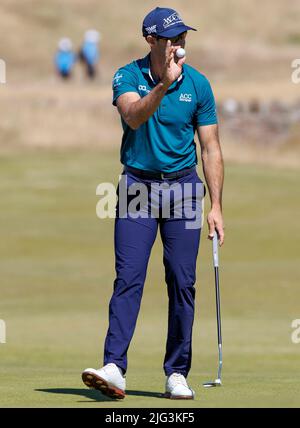 Cameron Tringale am 18. während des ersten Tages der Genesis Scottish Open im Renaissance Club, North Berwick. Bilddatum: Donnerstag, 7. Juli 2022. Stockfoto