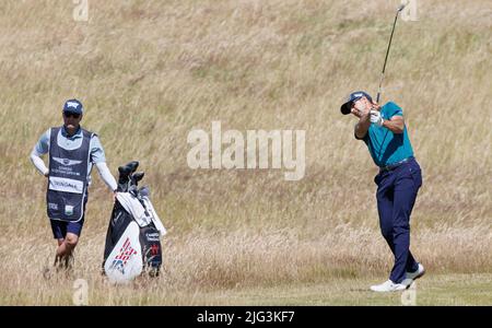 Cameron Tringale am 18. während des ersten Tages der Genesis Scottish Open im Renaissance Club, North Berwick. Bilddatum: Donnerstag, 7. Juli 2022. Stockfoto