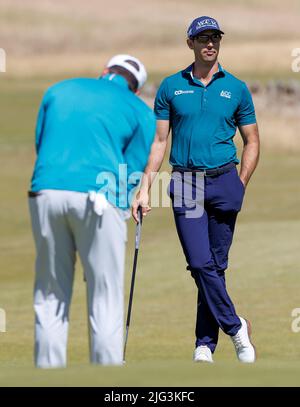 Cameron Tringale am 18. während des ersten Tages der Genesis Scottish Open im Renaissance Club, North Berwick. Bilddatum: Donnerstag, 7. Juli 2022. Stockfoto