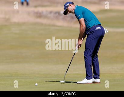 Cameron Tringale am 18. während des ersten Tages der Genesis Scottish Open im Renaissance Club, North Berwick. Bilddatum: Donnerstag, 7. Juli 2022. Stockfoto