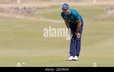 Cameron Tringale am 18. während des ersten Tages der Genesis Scottish Open im Renaissance Club, North Berwick. Bilddatum: Donnerstag, 7. Juli 2022. Stockfoto