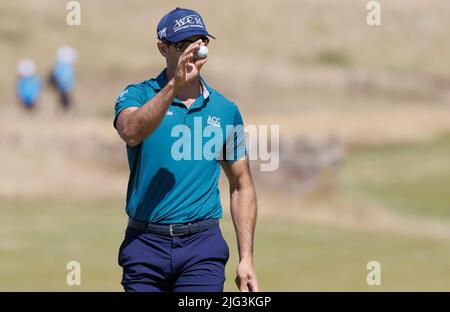 Cameron Tringale am 18. während des ersten Tages der Genesis Scottish Open im Renaissance Club, North Berwick. Bilddatum: Donnerstag, 7. Juli 2022. Stockfoto