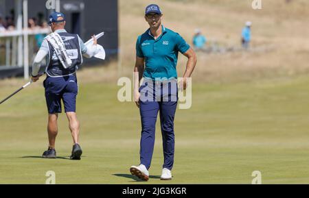 Cameron Tringale am 18. während des ersten Tages der Genesis Scottish Open im Renaissance Club, North Berwick. Bilddatum: Donnerstag, 7. Juli 2022. Stockfoto