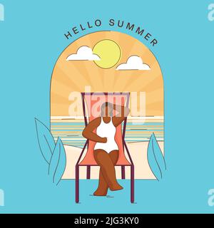 Hello Summer Poster Design Mit Gesichtsloser Weiblicher Schwimmerin, Die Am Stuhl Sitzt, Sonnenschein Auf Blauem Und Orangefarbenem Hintergrund Am Strand. Stock Vektor