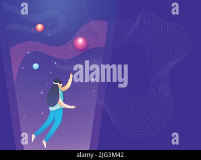 Young Girl Imaginary Universe durch VR-Brille auf Violet Abstract Waves Hintergrund. Stock Vektor