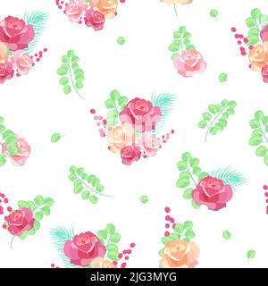 Nahtloses Muster mit Straußrosen und Eukalyptusblättern, Vektor-Hintergrund, Pflanzen, botanisches Design für Mode, Stoff, Tapete Stock Vektor