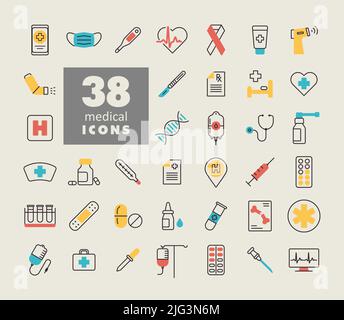 Medizinische Vektorsymbole eingestellt. Medizin und Gesundheitswesen, medizinische Unterstützung Zeichen. Graph Symbol für medizinische Website und Apps Design, Logo, App, UI Stock Vektor