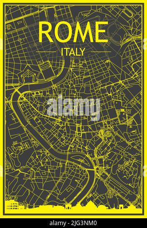 Stadtplakat mit gelbem Ausdruck und Panorama-Skyline und handgezeichneten Straßen auf dunkelgrauem Hintergrund der Innenstadt VON ROM, ITALIEN Stock Vektor