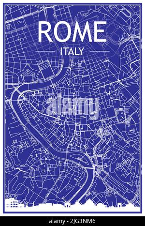 Technisches Zeichnungsausdruck Stadtplakat mit Panorama-Skyline und handgezeichneten Straßen Netzwerk auf blauem Hintergrund der Innenstadt VON ROM, ITALIEN Stock Vektor