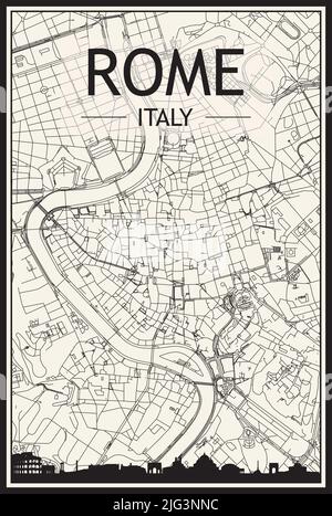 Stadtplakat mit hellem Ausdruck und Panoramasilhouette und handgezeichneten Straßen auf Vintage-beigefarbenem Hintergrund der Innenstadt VON ROM, ITALIEN Stock Vektor