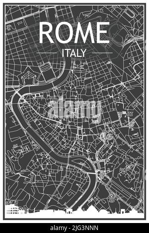 Ein Stadtplakat mit dunklem Ausdruck und Panoramasilhouette und handgezeichneten Straßen auf dunkelgrauem Hintergrund der Innenstadt VON ROM, ITALIEN Stock Vektor