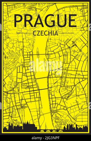 Goldenes Stadtplakat mit Panorama-Skyline und handgezeichneten Straßen auf gelb-schwarzem Hintergrund der Innenstadt VON PRAG, TSCHECHIEN Stock Vektor