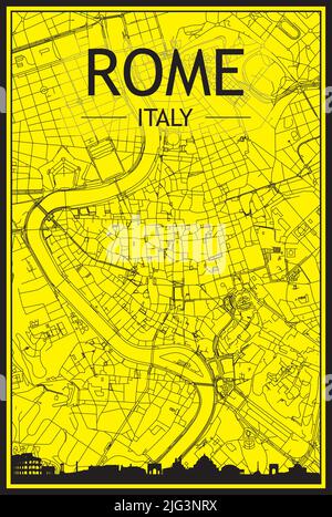 Goldenes Stadtplakat mit Panoramasilhouette und handgezeichneten Straßen auf gelb-schwarzem Hintergrund der Innenstadt VON ROM, ITALIEN Stock Vektor