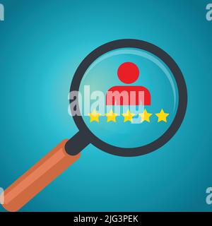 Lupe auf einer Person mit Bewertungssternen Stock Vektor