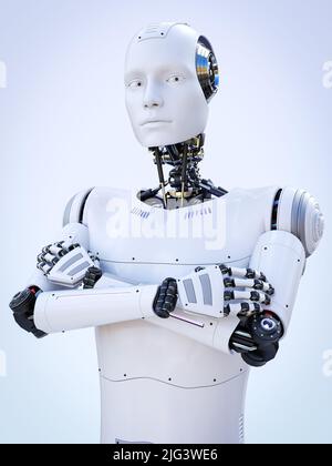 3D Darstellung eines android-Roboters, der mit gekreuzten Armen steht. Heller bläulicher Hintergrund. Künstliche Intelligenz oder virtuelles Assistentenkonzept. Stockfoto