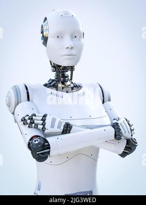 3D Darstellung einer frau mit android-Roboter, die mit gekreuzten Armen steht. Heller bläulicher Hintergrund. Künstliche Intelligenz oder virtuelles Assistentenkonzept. Stockfoto