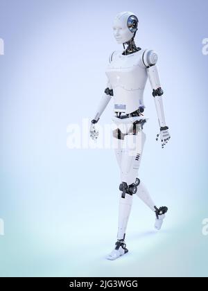 3D Rendering einer lächelnden android-Roboter Frau zu Fuß. Bläulicher Hintergrund. Künstliche Intelligenz oder virtuelles Assistentenkonzept. Stockfoto