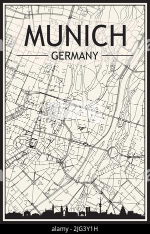 Stadtplakat mit hellem Ausdruck und Panorama-Skyline und handgezeichneten Straßen auf Vintage-beigen Hintergrund der Innenstadt VON MÜNCHEN, DEUTSCHLAND Stock Vektor