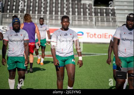 Burkina Faso Spieler beim Rugby Africa Cup 2022, WM 2023 Qualifikationsspiel, Rugby Union Match zwischen Burkina Faso und der Elfenbeinküste am 6. Juli 2022 im Maurice David Stadion in Aix-en-Provence, Frankreich - Foto: Florian Frison/DPPI/LiveMedia Stockfoto