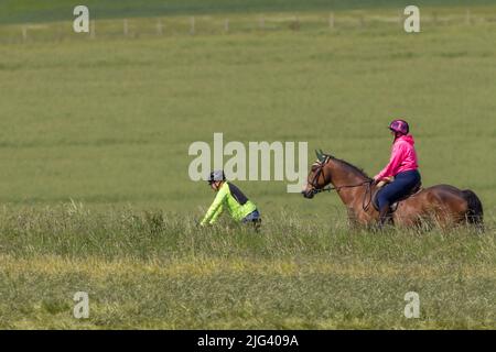 Reiten Radfahren Outdoor-Aktivitäten Sport und Freizeit ein Pferd und Reiter schließt sich einem Radfahrer auf den Zugängen zum South Downs Way uk an Stockfoto