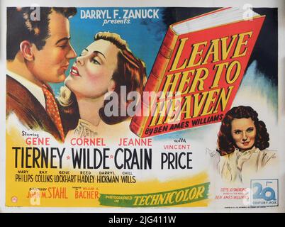 British Quad Poster for GENE TIERNEY CORNEL WILDE and JEANNE CRAIN in LEAVE HER TO HEAVEN 1945 Regisseur JOHN M. Stahl Roman Ben Ames Williams Drehbuch Jo Swerling Musik Alfred Newman Twentieth Century Fox Stockfoto