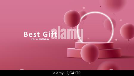 Produkt Podium mit Neon-Beleuchtung Kreis mit Ballons springen, rot romanische Farbe. Vektorgrafik Stock Vektor