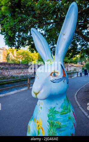 „Chalk Stream River Itchen“, eine Skulptur von Wendy Bramall in den Hasen des Hampshire Summer Public Art Trail Event in den Wehren, Winchester Stockfoto