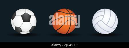 Sportbälle Vektor Emoji Illustration. Set aus Fußball-, Basketball- und Volleyballausrüstung. 3D Cartoon Style Balls Kollektion auf Hintergrund isoliert. Stock Vektor