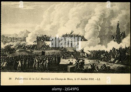 14 Veröffentlichung des Kriegsrechts beim Marschchampe, 17. Juli 1791. Begründete Einteilung: Die Postkarte gibt den Stich von Pierre-Gabriel Berthault (1737-1831) nach der Zeichnung von Jean-Louis Prieur (1759-1795) wieder, Dies stellt die Last der Nationalgarde unter dem Kommando des Marqués de la Fayette (1757-1834) gegen die Menge dar, die sich auf dem Altar der Heimat des Campo de Marte versammelt hatte, um einen Antrag auf Ausrufung der Republik zu unterzeichnen. Die Eskalation der Spannungen, die in den Tagen vor dem 17. Juli 1791 auslebte, zwang die Nationalversammlung zu Proh Stockfoto