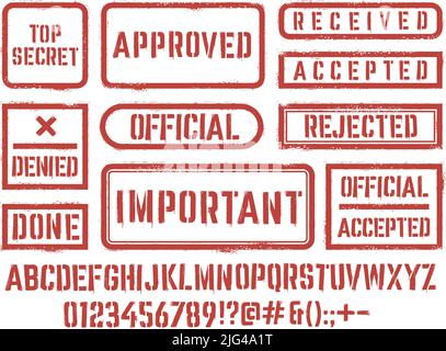Schriftart mit Gummistempel. Grunge Alphabet Buchstaben, abgelehnt und genehmigte Stempel in Rahmen mit Textur Vektor-Set Stock Vektor