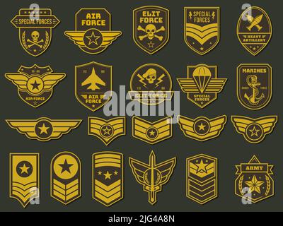 Abzeichen der Armee. Militärische Einheiten Embleme, Soldaten Patches und Insignien Tags Vektor-Set Stock Vektor