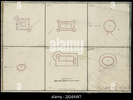 Kampagne Werke von Feinden gemacht: Asturien. Titel aus dem Vers, durch den Stoff orientiert mit der Hälfte Lís jeder der Manuskript Pläne unterzeichnet und vom Autor unterzeichnet gelesen. Eine schwarze und rote Tinte und ein farbiger Aquarell in Karmin und Grau im oberen linken Winkel jeder der Pläne nimmt seine Nummerierung auf den Vers, durch den Stoff gelesen: "Es bezieht sich auf die Beziehung, die in den Teilen gefunden werden wird ... von 1812 ... Aldao Stockfoto