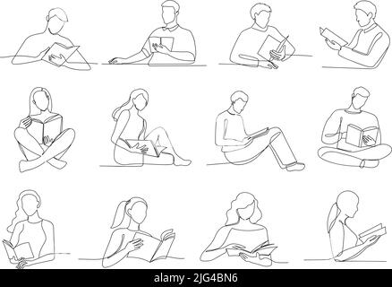 Eine Zeile liest Bücher. Lesen von Menschen, Schüler mit Buch in der Lektüre einzigen kontinuierlichen Gliederungsvektor Illustrationsset zu engagieren Stock Vektor