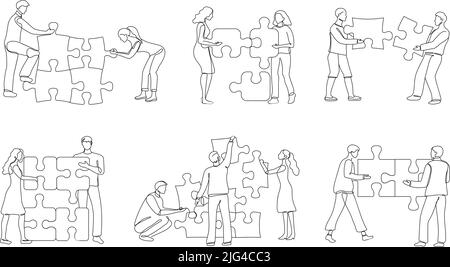 Lösen von Team-Puzzles. Die Menschen arbeiten zusammen und verbinden Puzzleteile, partnerschaftliche Zusammenarbeit und Teamarbeit kontinuierlich eine Linie Vektor-Set Stock Vektor