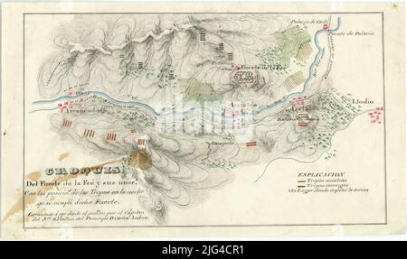 Skizze der Festung von Feé und ihrer Inmes. Mit den Plakaten. Der Truppen in der Nacht, die stark sagte [Karte] nahm. Es enthält einen Teil der kommunalen Bedingungen von Aracaldo, Arreudiaga (Vizcaya) und Llodio (Alava) Datum aus dem SGE-Katalog entnommen: "Vasco-Navarra Region. Provinzen Alava und Vizcaya. XVI bis XIX Jahrhunderte.' 1968, S. 138 Orographie für Chromatic Key Normal um die Positionen der Truppen anzuzeigen, ist sie in den Ersten Karlistenkrieg oder Krieg der sieben Jahre (1833-1840) eingeschrieben, der in verschiedenen Farben beleuchtet ist Stockfoto