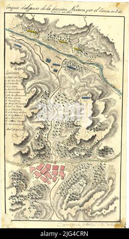 Skizze des Durchgangs der Navarra-Fraktion durch El Cinca am 5. Juni 1837. Die Bevölkerung von Barbastro ist in der Provinz Huesca Manuskript vom Autor signiert und signiert und gefärbt, um das Aquarell in Karmin und schwarzem Relief dargestellt durch normale und schattierte Relation der wichtigsten Punkte der Karte durch numerische Schlüssel angegeben ist in der registriert vertreten ERSTER CARLIST- ODER GUERRA-KRIEG der sieben Jahre (1833-1840), was einem Versuch entspricht, die Carlist-Fraktionen Navarras und Kataloniens zu verbinden Stockfoto
