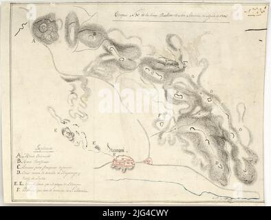 Croquis N. 30 der realistischen Linie von San Sebastián im August 1836 [Karte]. Es schließt einen Teil der Gemeinde von Hernani von der Bevölkerung des gleichen Namens zur Gebirgskette ein, die den Berg Oriamundi im unteren rechten Winkel flankiert, erscheint eine unleserliche Signatur-Orographie durch Schatten und normale schematisch stellt die Bevölkerung von Hernani Relation der Hauptbefestigungen von dar Das mit einem alphabetischen Schlüssel in Karmin, Blau und Schwarz abgegrenzte Gebiet ist im Ersten Karlistenkrieg oder im Siebenjährigen Krieg (1833-1840) registriert. Stockfoto