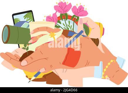 Hände halten Gegenstände. Fernglas, Teleskop und Lupe mit menschlicher Hand. Geste mit Blumenpflanze, Megaphon und Geldvektor gesetzt Stock Vektor