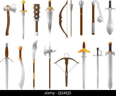 Cartoon mittelalterliche Waffe. Altes Schwert, Bogen und Axt. Fantasy Ritter Kampf Waffen Vektor Illustration Set Stock Vektor