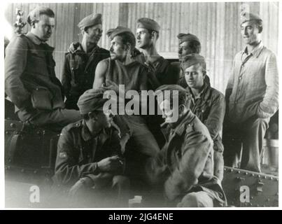 Porträt von Divisionssoldaten in einem ISBA. Leningrad Front Group Portrait von neun Soldaten der Blauen Division, wahrscheinlich Schützen Stockfoto