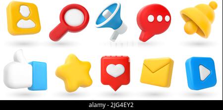 Symbole für Social Media 3D. Benachrichtigungsglocke, „Gefällt mir“-Daumen hoch, „Favoriten“-Stern und „Kommentar“-Taste. Suche, Marketing-Megaphon und E-Mail-Vektor-Set Stock Vektor