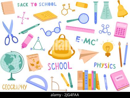 Schulpaket. Lernen und Studieren von Objekten, Linealen und Büchern. Stifte, Bleistifte und Schulbedarf Vektor-Elemente-Set Stock Vektor