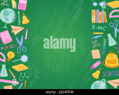 Schwarzes Brett der Schule. Bildung Bannerrahmen mit Schulbedarf, Lernvektor Hintergrund Illustration Stock Vektor
