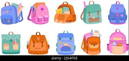 Schulrucksäcke. Schultaschen für Kinder, Kindertaschen mit Schulbedarf, Bücher und Schreibwaren. Vektorset für Bildungszubehör Stock Vektor