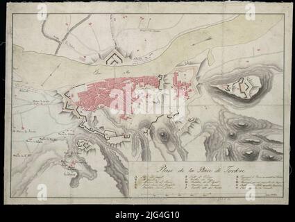 Plan vom Place de Tortose. Es präsentiert die Ebene der Stadt Tortosa, auch Verständnis Teil der Umgebung Manuskript zu Plumilla in schwarzer Tinte und gefärbt, um das Aquarell in Karmin, Sepia und grauem Datum aus dem Katalog der SGE entnommen: "Katalonien. Provinzen Tarragona und Lleida. XVII Jahrhunderte bis XIX '. 1970, S. 313 orientiert mit Pfeilrelation zum Hauptstarken, Bastionen, Burg usw., durch alphabetische Taste gekennzeichnet Stockfoto