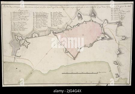 Plan der Plaza de Tarragona und seine Außenarbeiten solche Qual muss nach den Befestigungsanlagen, in denen sie derzeit bearbeitet werden, und das begann am 1. Januar 1809. Handgeschrieben in schwarzer Tinte und farbigem Aquarell in grau, grün und karminrot, was die Straßen in ockerfarbenem Verhältnis der Hauptbefestigungen und Wege anzeigt, die durch Zahlen gekennzeichnet sind Stockfoto