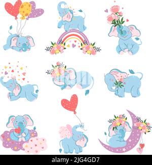 Elefanten in der Liebe. Romantisches niedliches Tier, Elefant mit Herzformen und Blumen Vektor-Set Stock Vektor